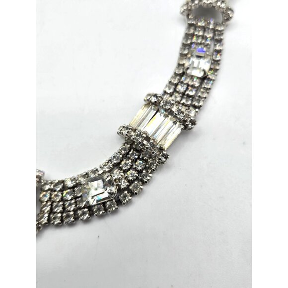 Vintage 1950s Clear Rhinestone Bib Necklace & Screwback Earrings Set Glam - Picture 6 of 9